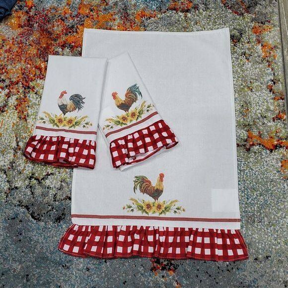 Lot/3 Rooster Red Cafe Ruffle Print Kitchen Dish Towels 225 - Picture 1 of 4